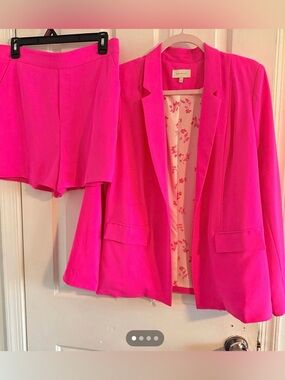 Bright Pink Blazer & Short Set from Apricot Lane. 
Jacket - large. Shorts - med.